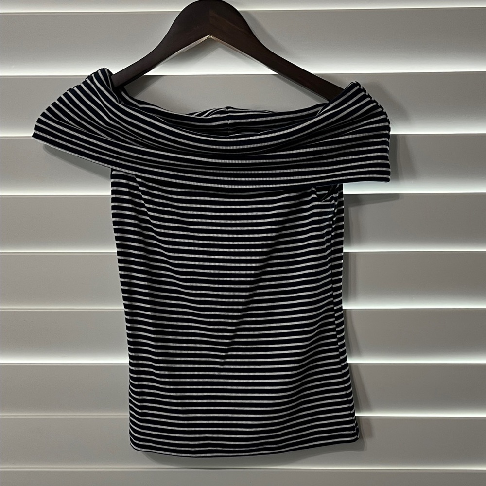LOFT Navy Blue and White Striped Off-Shoulder Blouse